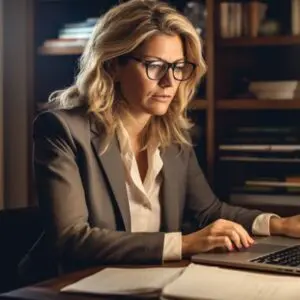 A woman in glasses is sitting at her desk