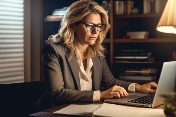 A woman in glasses is sitting at her desk