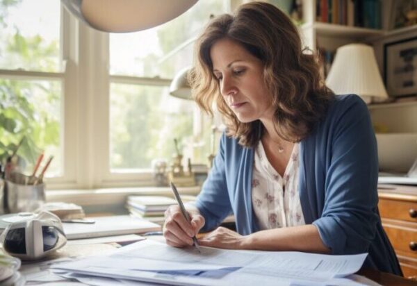 A woman writing on paper at her desk.