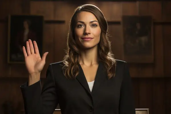A woman in a suit is holding up her hand.