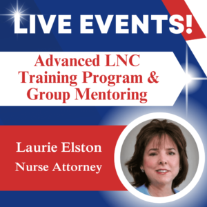 A picture of laurie elston with the words live events advanced lnc training program and group mentoring.