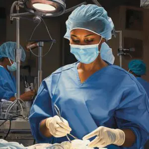 A surgeon in blue scrubs and mask working on something.