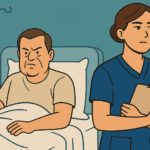 Nurse calmly holding clipboard while an agitated patient gestures from hospital bed — illustrating the importance of clear nursing documentation in tense encounters.