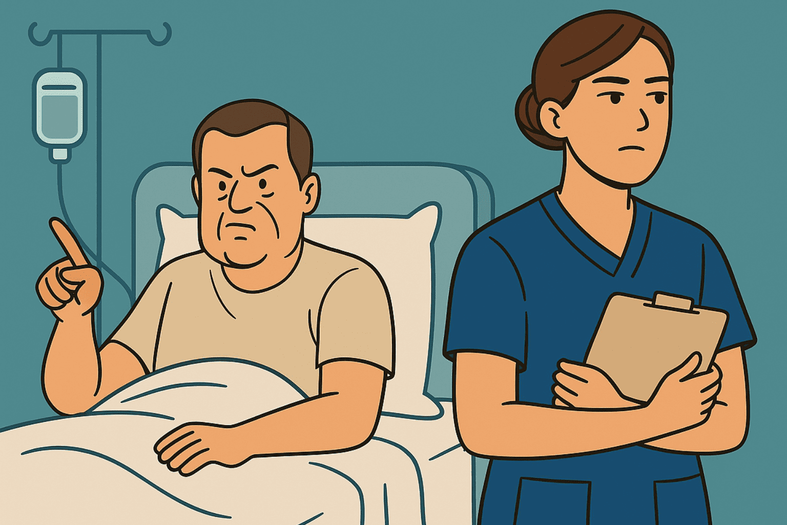 Nurse calmly holding clipboard while an agitated patient gestures from hospital bed — illustrating the importance of clear nursing documentation in tense encounters.