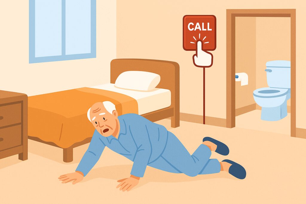 Elderly male patient in pajamas has fallen near his bed while trying to reach the bathroom. A call button is visible on the wall, indicating he called for assistance.