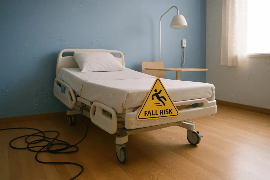 Hospital bed with a fall risk warning sign in a patient room, highlighting safety hazards and nurse liability risks.