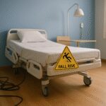 Hospital bed with a fall risk warning sign in a patient room, highlighting safety hazards and nurse liability risks.