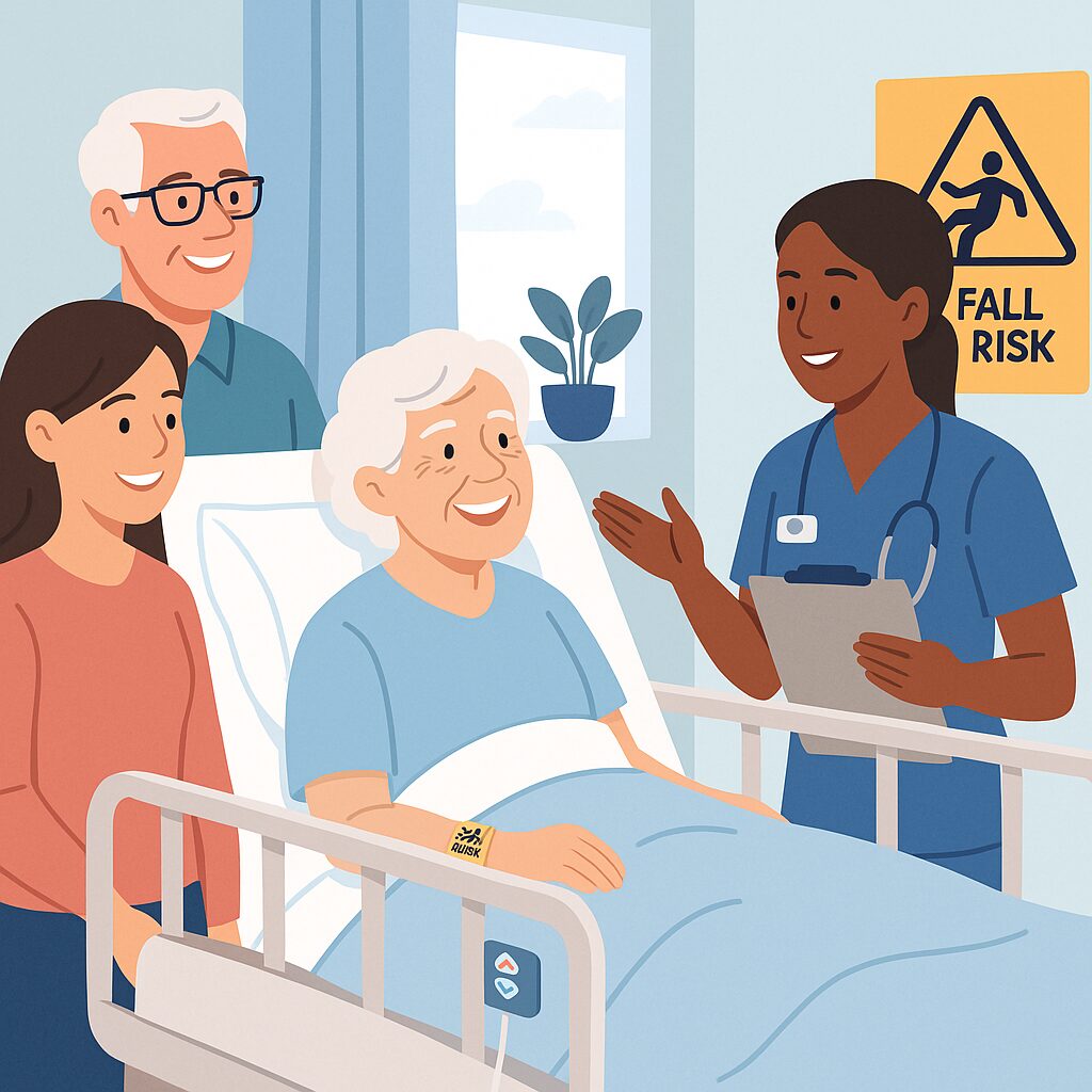 Illustration of a smiling elderly woman in a hospital bed, with a nurse discussing fall risks with her and two family members nearby. A fall risk sign is visible on the wall.