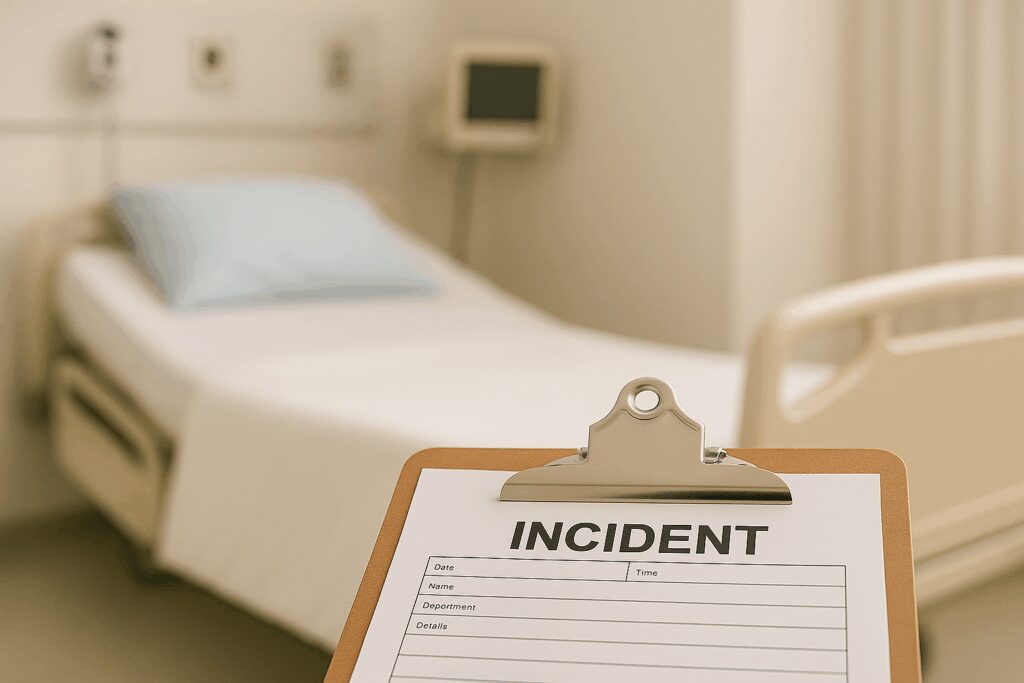 Empty hospital bed with an incident report clipboard, representing a CMS Never Event scenario.