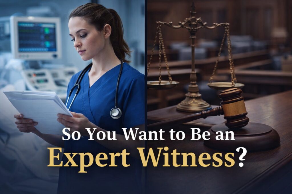 Nurse in scrubs reviewing case documents, split screen with hospital and courtroom background, symbolizing transition to expert witness work.
