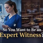 Nurse in scrubs reviewing case documents, split screen with hospital and courtroom background, symbolizing transition to expert witness work.