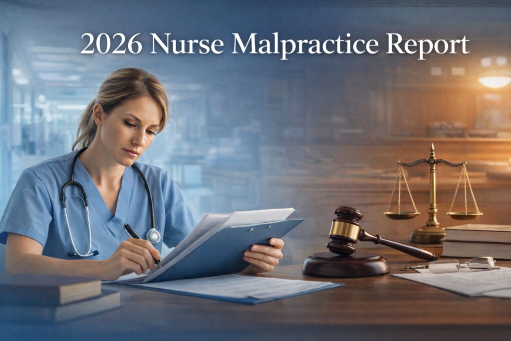 Nurse reviewing documents with courtroom background representing the 2026 nurse malpractice report