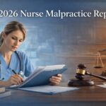 Nurse reviewing documents with courtroom background representing the 2026 nurse malpractice report