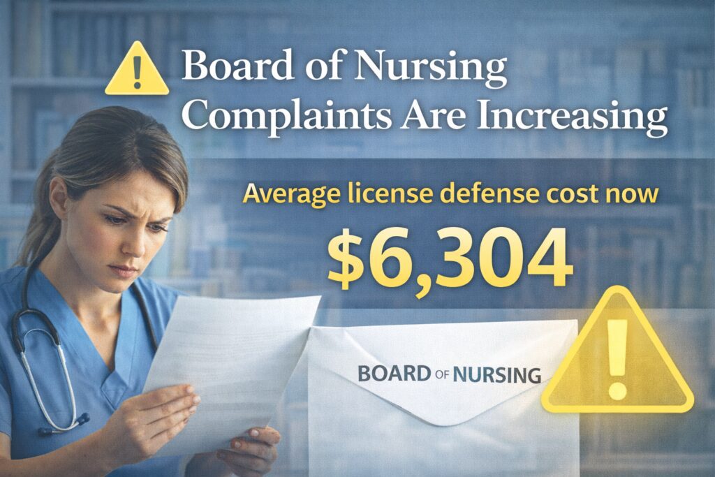 Nurse reviewing letter from board of nursing illustrating rising complaints and legal defense costs