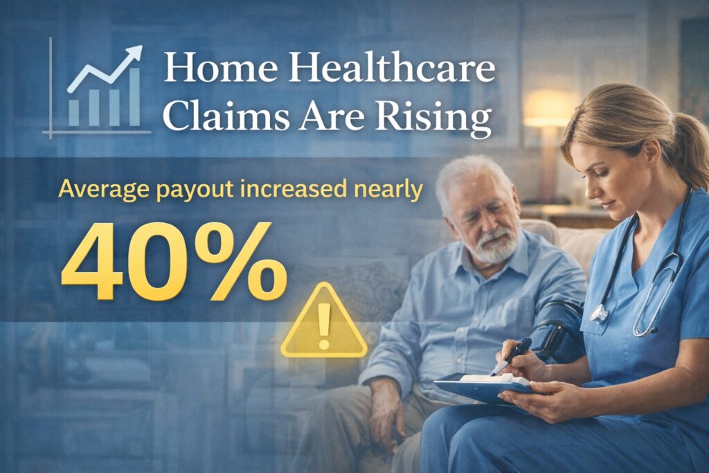 Home healthcare nurse assisting elderly patient highlighting rising malpractice claims and increasing payouts