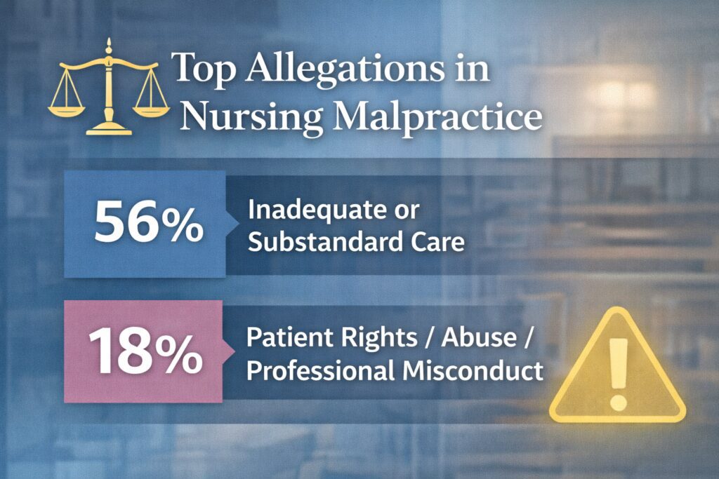 Infographic showing top nursing malpractice allegations including inadequate care and patient rights violations