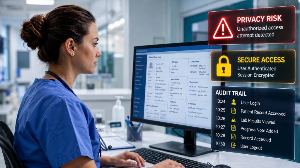 Nurse reviewing an electronic medical record with privacy risk, secure access, and audit trail warnings for HIPAA compliance.