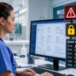 Nurse reviewing an electronic medical record with privacy risk, secure access, and audit trail warnings for HIPAA compliance.