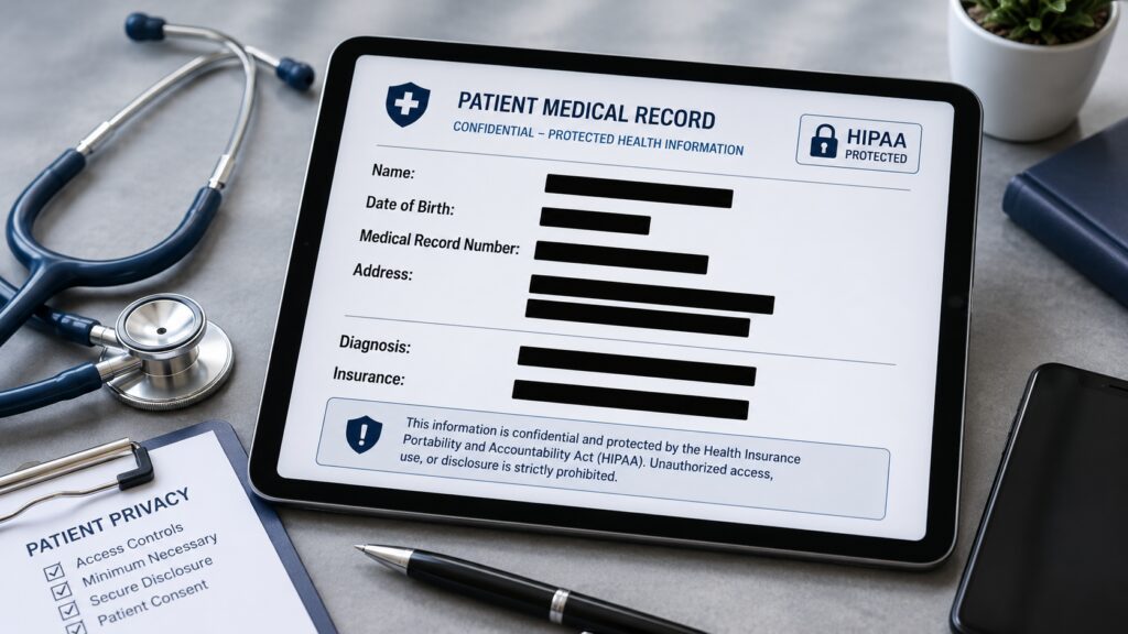 Redacted patient medical record showing protected health information fields covered for HIPAA privacy compliance.