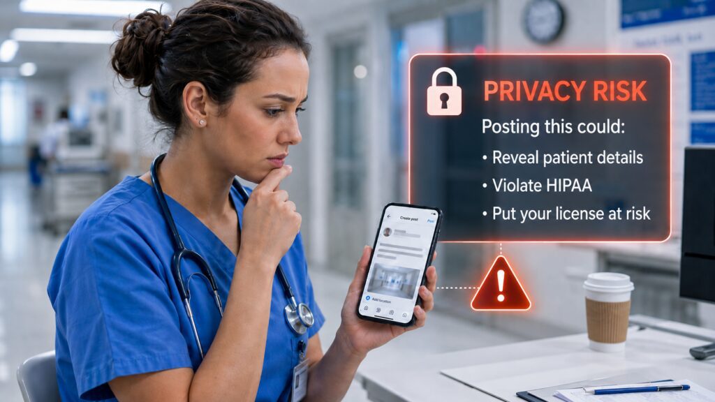 Nurse pauses before posting on social media as a privacy risk warning explains how posts can reveal patient details and violate HIPAA.