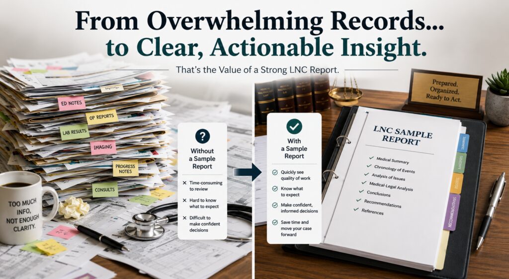 Graphic showing how a Legal Nurse Consultant transforms overwhelming medical records into a clear, organized sample report that helps attorneys understand a case and confidently choose an LNC.