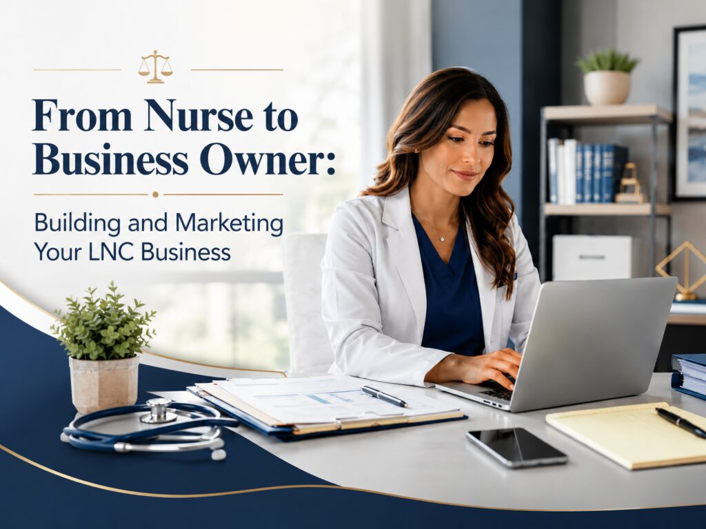Legal Nurse Consultant working at a laptop while building and marketing her LNC business