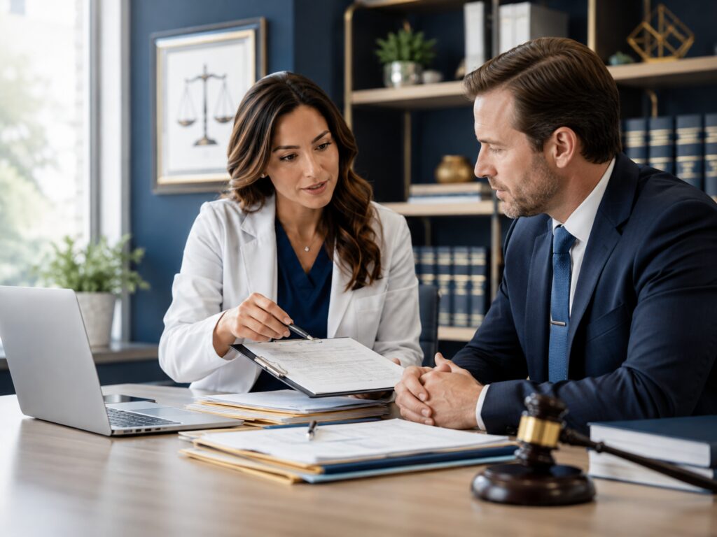 Legal Nurse Consultant meeting with an attorney to review medical records and discuss a case.