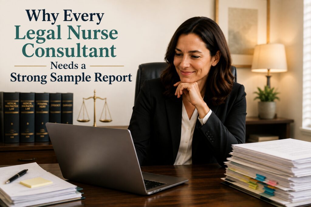 Attorney reviewing a Legal Nurse Consultant sample report, showing how a professional work sample builds confidence and helps attorneys choose the right LNC.